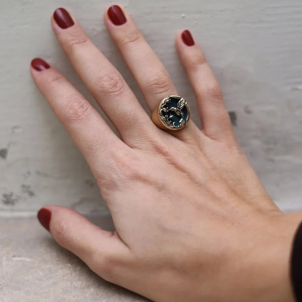 HUMMINGBIRD AND LILIES OF THE VALLEY SIGNET RING
