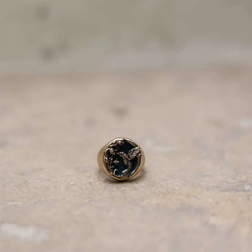 HUMMINGBIRD AND LILIES OF THE VALLEY SIGNET RING